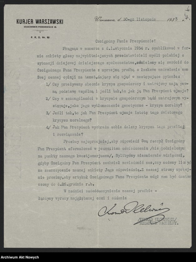 image.from.unit.number "Olchowicz Konrad (redaktor naczelny "Kuriera Warszawskiego"); Załączniki: telegramy do M. Borzęckiego i J. Piątkowskiej - Lübke; L.24 (odpowiedzi - rękopisy, maszynopisy)"
