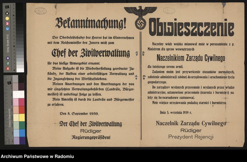 Obraz z jednostki "Obwieszczenie - proklamacja Naczelnika Zarządu Cywilnego na terenie okupowanym przez 10. Armię niemiecką - Rudigera. Podpisano: Naczelnik Zarządu Cywilnego, Prezydent Rejencji Rudiger"