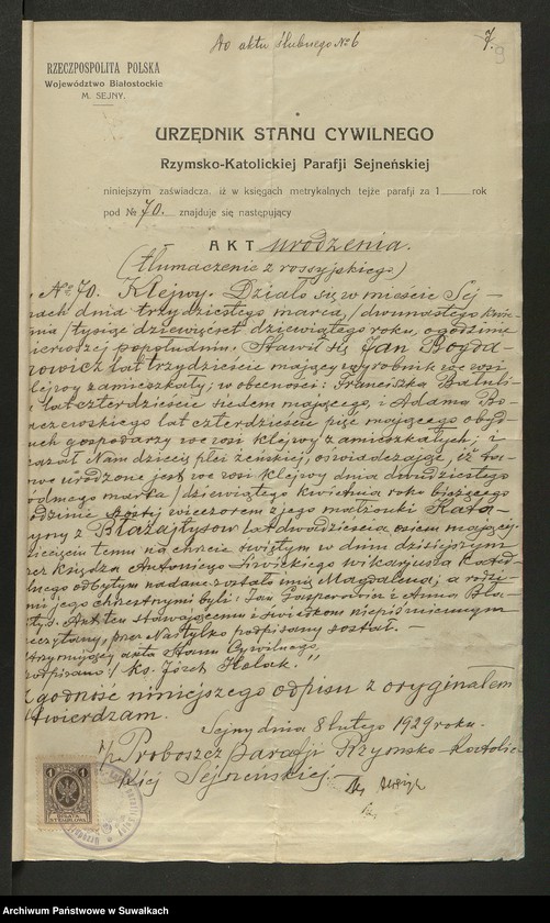 image.from.unit.number "Dokumenty Do aktów zaślubionych Smolańskiej R.K. Paraji za 1929 rok"