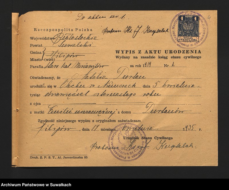 image.from.unit.number "Metryki do aktów ślubu parafii mariawickiej w Filipowie za rok 1935."