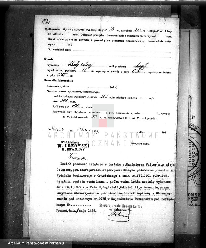 Obraz 16 z jednostki "Tartak w Śmiglu pow. kościański, własność W. Łukomskiego nadzór nad kotłem parowym"