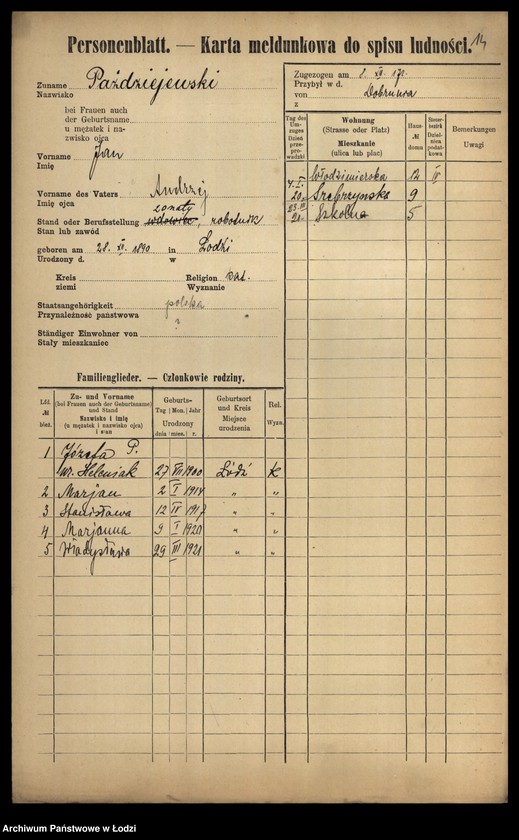 Obraz 16 z jednostki "[Spis ludności Łodzi] Pawoniak-Pelc"