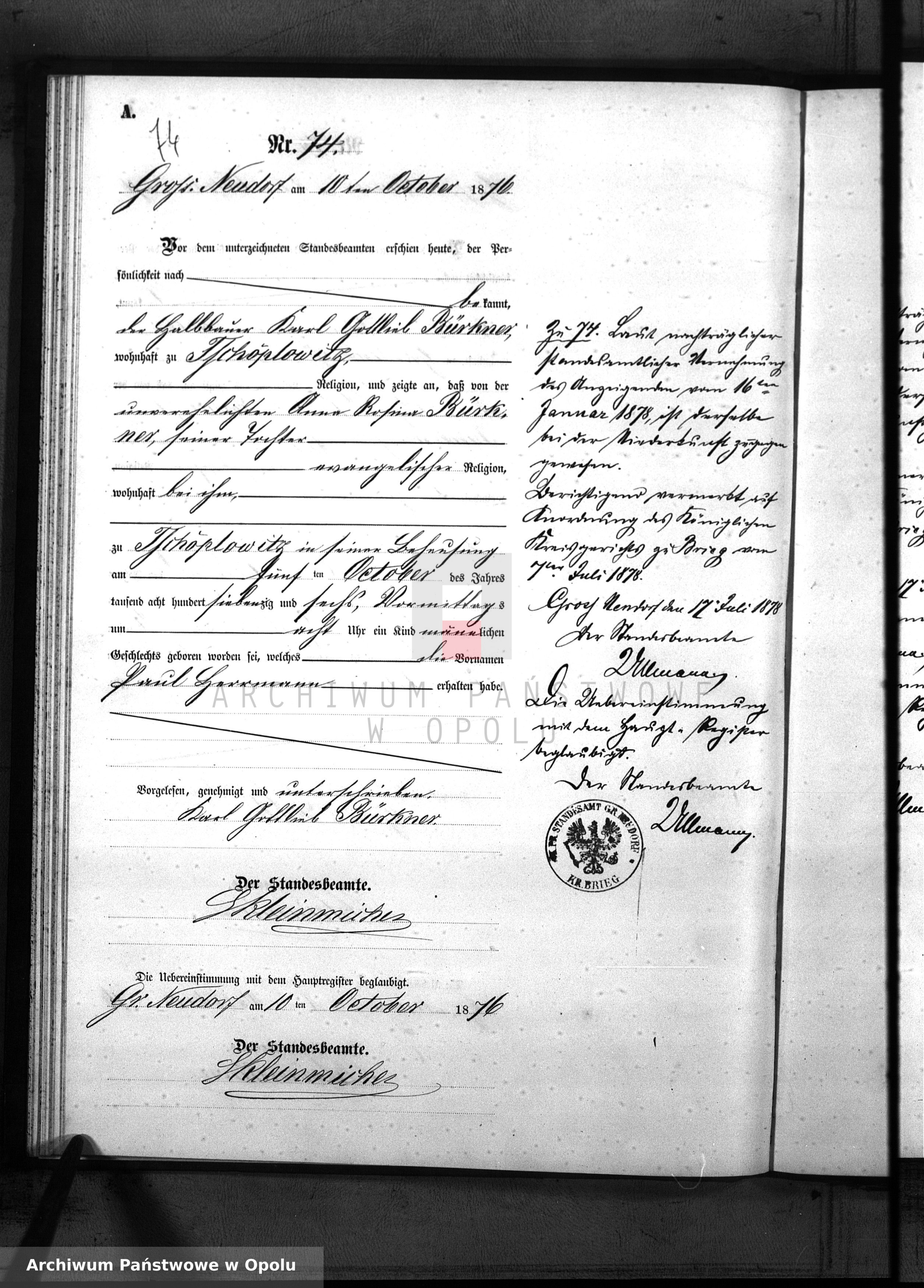 Skan z jednostki: Geburts-Neben-Register Standesamt Gross Neudorf 1876