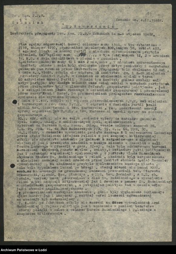 Obraz 16 z jednostki "Sprawozdania miesięczne instruktorów propagandy komitetów powiatowych i komitetów miejskich [z załącznikami za 1948 rok]"