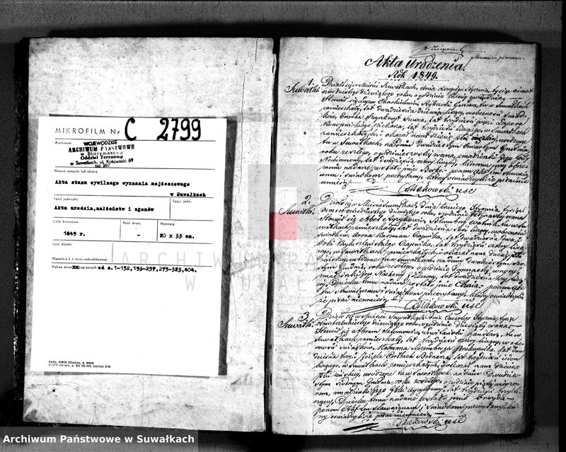 image.from.unit.number "Duplikat. Akta Urzędnika Stanu Cwilnego Wyznania Moyżeszowego Okręgu Suwalskiego i Jeleniewskiego do zapisywania Urodzonych, Zaślubionych i Zmarłych z roku 1849"