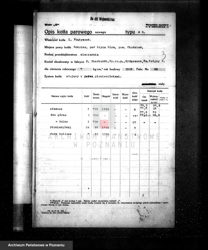 Obraz 7 z jednostki "Mleczarnia w Solcu pow chodzieski własność właściciel Piętyszek, kocioł nr fabryczny 88, nr woj. 6428"