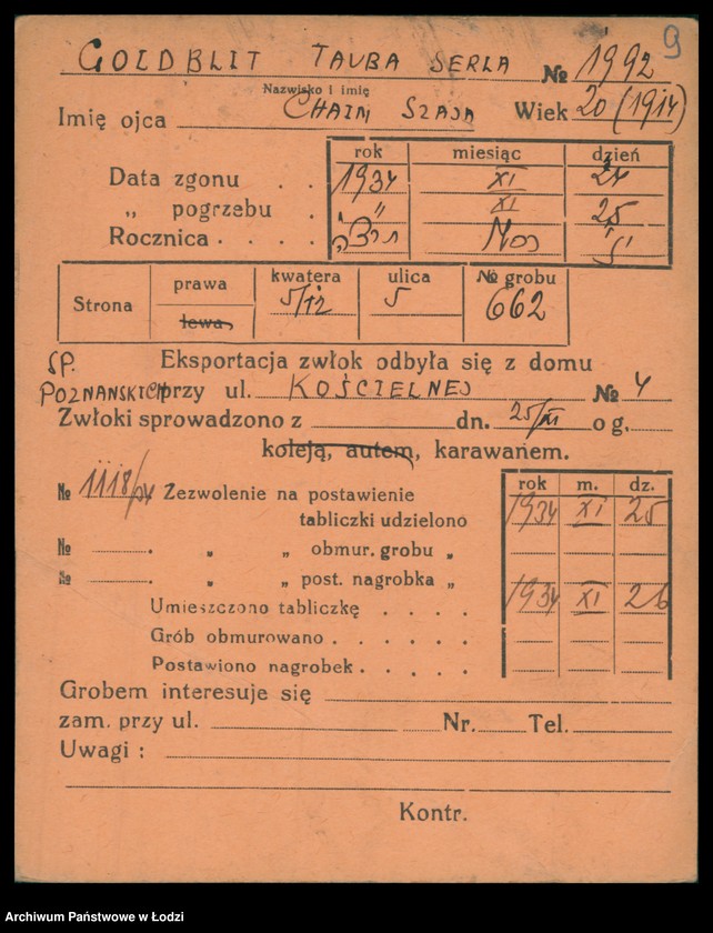 Obraz 10 z jednostki "Kartoteka osób pochowanych na cmentarzu żydowskim przy ulicy Brackiej w latach 1892-1954. Nazwiska na litery: Goldbl-Goldsz"