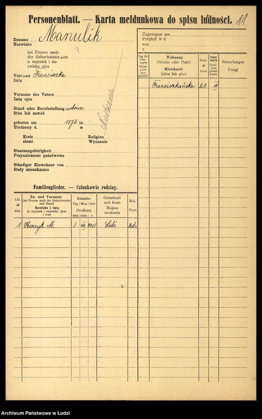 Obraz 13 z jednostki "[Spis ludności Łodzi] Marteńka - Marciniak"