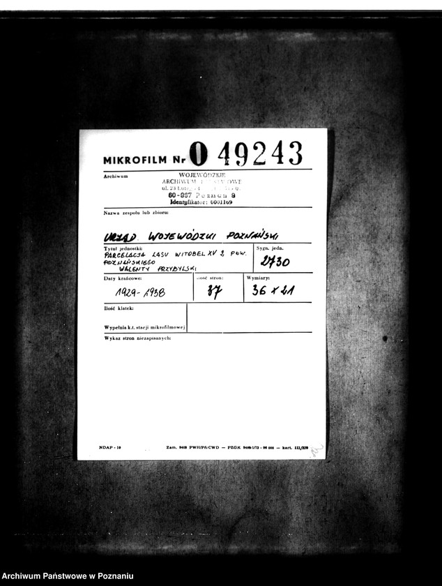 Obraz 2 z jednostki "Parcelacja lasu Witobel XV powiatu poznańskiego Walenty Przybylski"