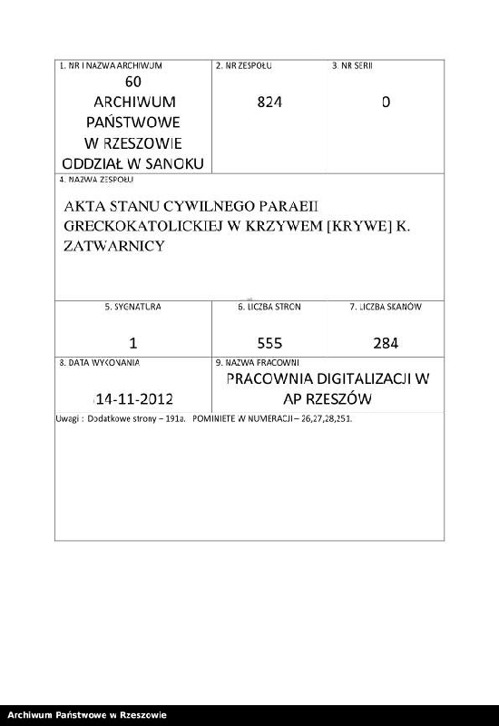 Obraz 1 z jednostki "Księga urodzeń, małżeństw i zgonów dla miejscowości Krywe (Krzywe), Hulskie i Tworylne"