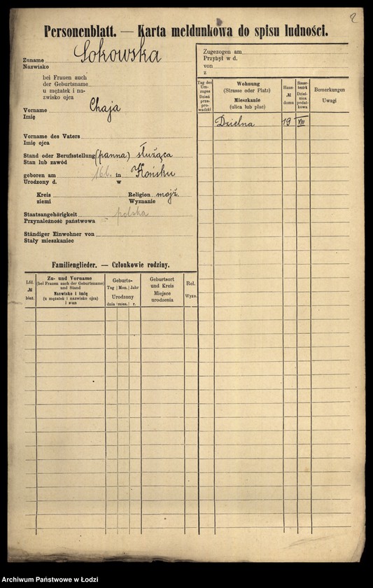 Obraz 5 z jednostki "[Spis ludności Łodzi] Sokowska-Sońska"