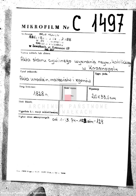 image.from.unit.number "Księga Duplikat Parafii Krasnopolskiey od 1 Stycznia 1828 Roku."