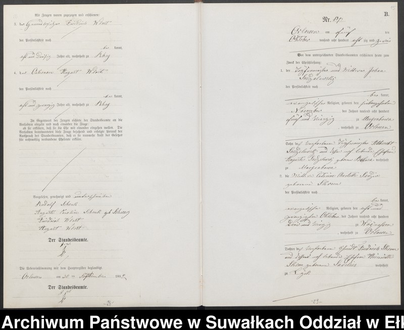 Obraz 18 z jednostki "Heiraths-Neben-Register des Preussischen Standes-Amtes [Orlowen] Kreis [Loetzen] für das Jahr 1882"