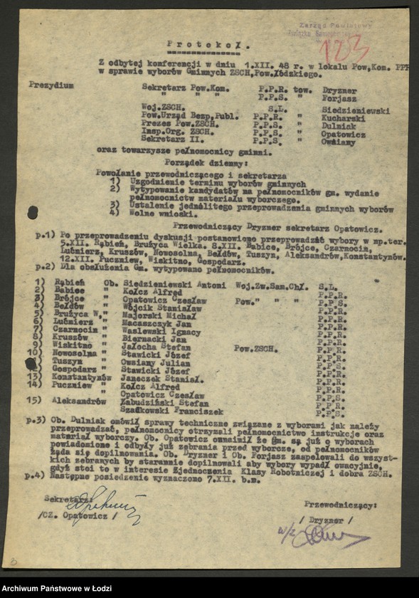 Obraz 4 z jednostki "Związek Samopomocy Chłopskiej - protokoły [z zebrań Zarządu Oddziału Powiatowego, sprawozdania z działalności, wykazy delegatów na zjazdy, składy zarządów gminnych]"