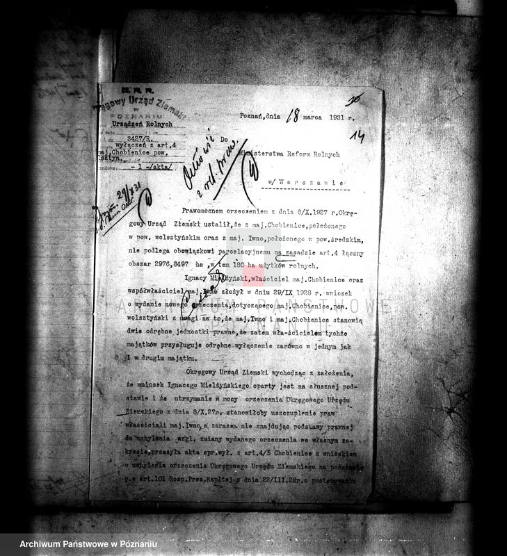 image.from.unit.number "Majątek Chobienice powiatu wolsztyńskiego wyłączenie z art. 4 i 5 ustawy o reformie rolnej Ignacy Mielżyński"