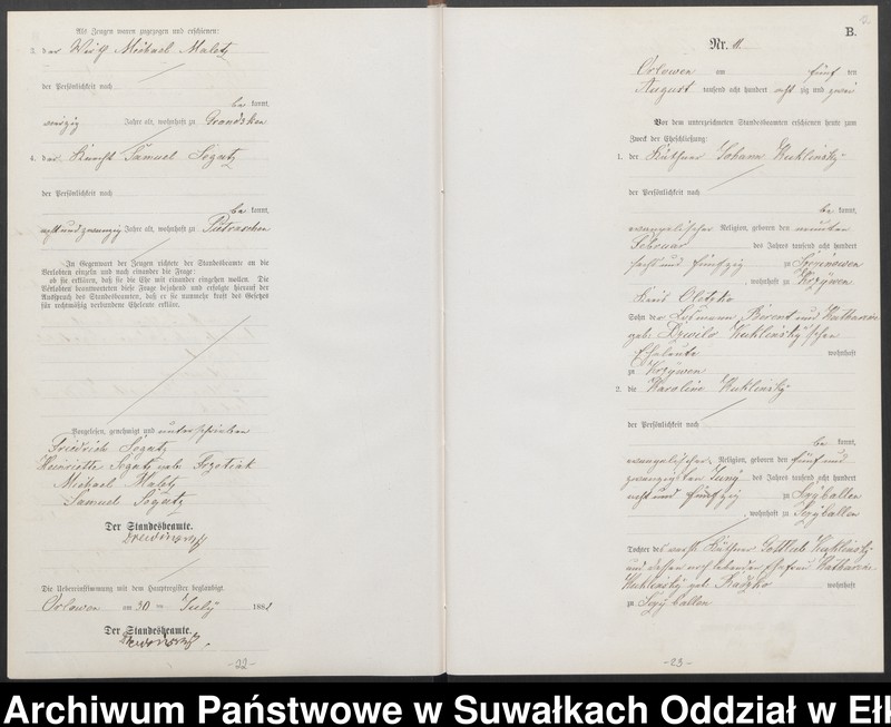 Obraz 15 z jednostki "Heiraths-Neben-Register des Preussischen Standes-Amtes [Orlowen] Kreis [Loetzen] für das Jahr 1882"