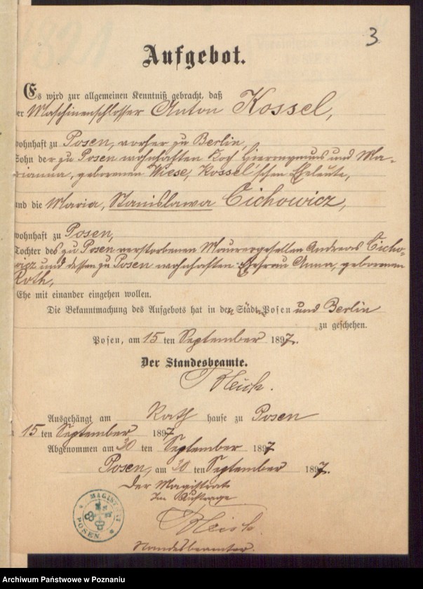 Obraz 5 z jednostki "Die von den Verlobten beigebrachten Urkunden zur Eheschliessung pro 1897"