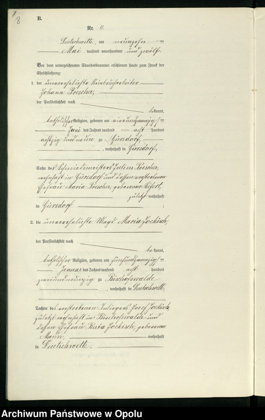 Obraz 12 z jednostki "Heirats-Register (Neben-Register) Standesamt Deutschwette 1912"