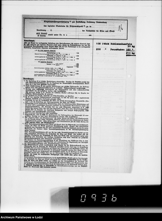 Obraz 18 z jednostki "Amt für Vewaltungsaufgaben der Luftwaffe Kriegsauftrag 49/41 A.z.V.100 Kohlenschaufeln. 200 Feuerhaken"