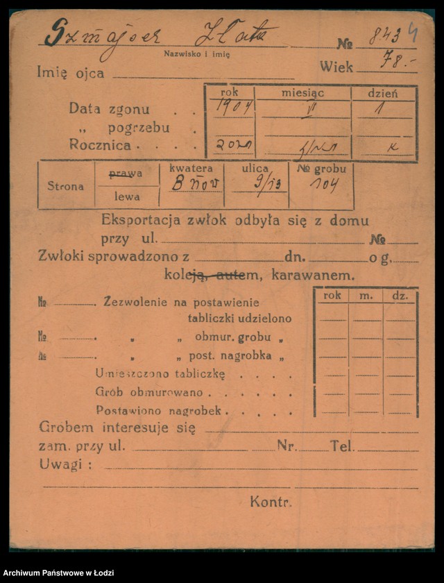 Obraz 5 z jednostki "Kartoteka osób pochowanych na cmentarzu żydowskim przy ulicy Brackiej w latach 1892-1957. Nazwiska na litery: Szn-Szt"
