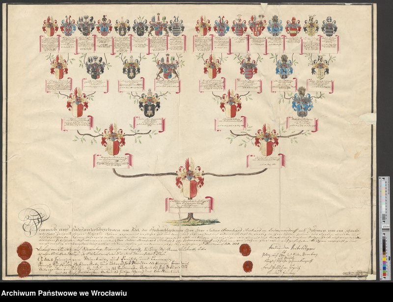 Obraz 10 z jednostki "[Herby, drzewa genealogiczne różnych rodów- von Geusau, von Gersdorff, von Rade, von Heynitz-Lindau, von Vechtnitz, von Wiedebach, von Globio, von Haugwitz, von Steding, von Winkel, von Langenau, von Wallis, von Erdmannsdorf, von Hagen, von Granach, von Schönburg-Waldenburg, von Arenstadt, von Finger]"