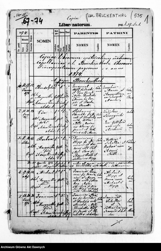 image.from.unit.number "Parafia: Bruckental. Dekanat: Bełz. Kopie z ksiąg metrykalnych ur., śl., zg. dla kolonii Bruckenthal (Bruckenthal i wsie: Choronów, Chlewczany, Domaszów, Ostobuż, Sałasze, Tehlów, Woronów)."