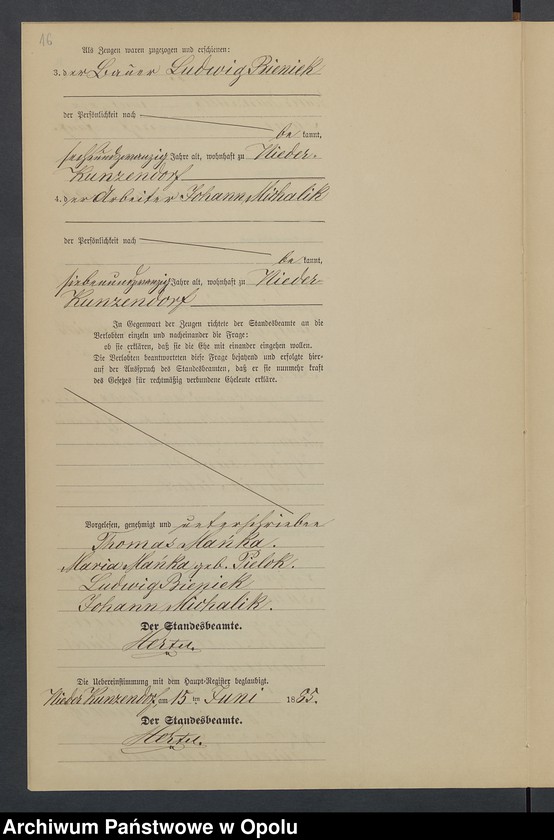 Obraz 20 z jednostki "Heiraths-Neben-Register Standesamts Kunzendorf pro 1885"