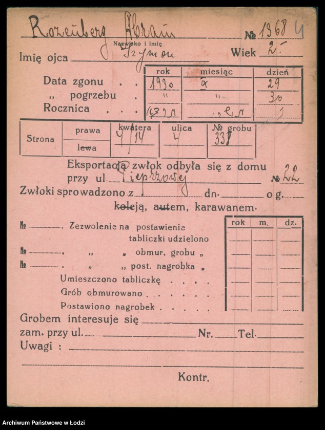 Obraz 5 z jednostki "Kartoteka osób pochowanych na cmentarzu żydowskim przy ulicy Brackiej w latach 1892-1954. Nazwiska na litery: Rozenbe-Rozenf"