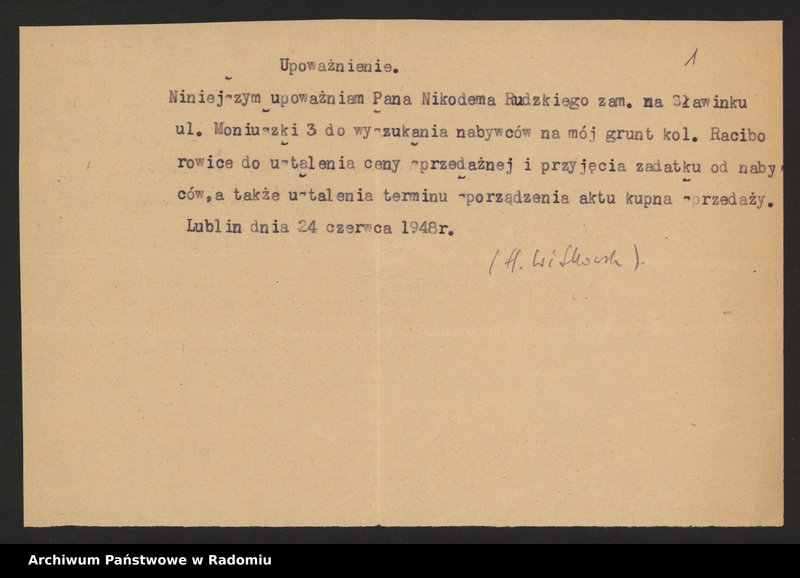 Obraz 7 z kolekcji "[Materiały dotyczące posiadania przez Hannę i Stefana Witkowskich gruntów i nieruchomości w Raciborowicach, pow. hrubieszowski, 1948-1951 oraz w Radomiu i Rajcu Letnisko, 1954-1961]"