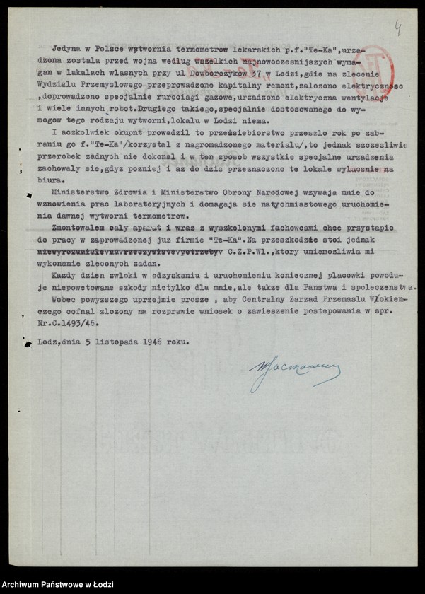 Obraz 6 z jednostki "[Korespondencja w sprawie reprywatyzacji urządzeń biurowych Fabryki Termometrów oraz lokalu fabrycznego w Łodzi ul. Dowborczyków 37]"