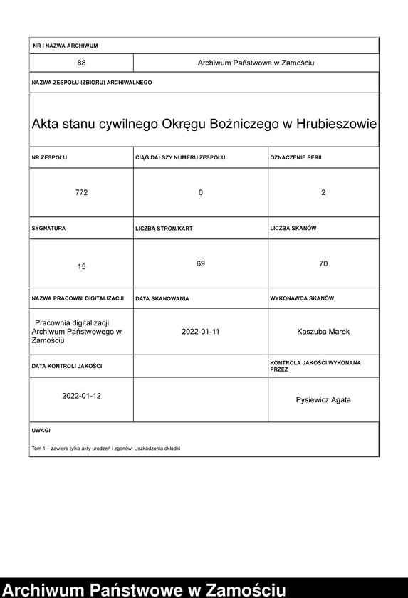 Obraz 1 z jednostki "Księga urodzeń, małżeństw i zgonów t.1"