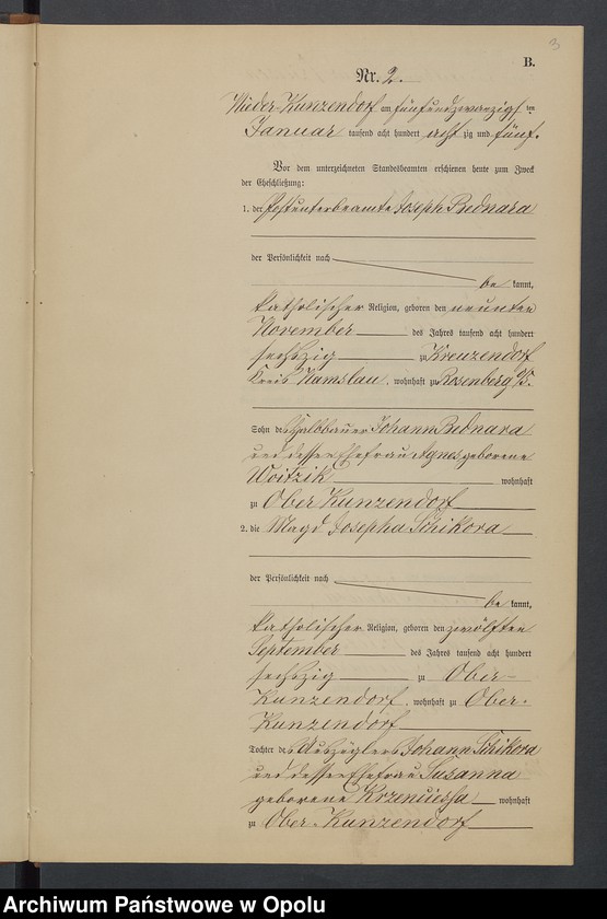 Obraz 7 z jednostki "Heiraths-Neben-Register Standesamts Kunzendorf pro 1885"