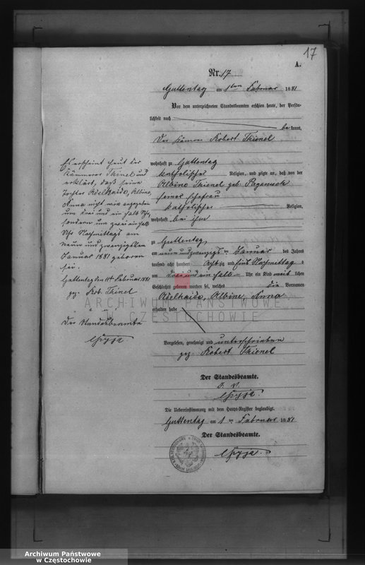 image.from.unit.number "Geburts - Neben Register des Königlich Preussischen Standesamts Guttentag im Kreise Lublinitz pro 1881."