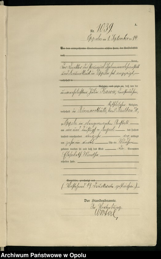 Obraz 11 z jednostki "Urząd Stanu Cywilnego Opole Księga Urodzeń Rok 1914 1034-1493"