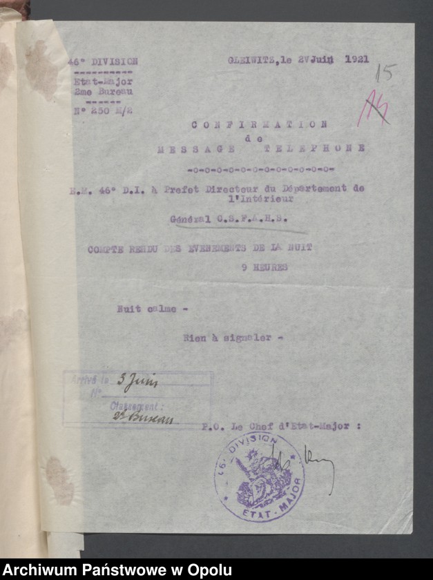Obraz 17 z jednostki "Entrees-Pieces emanant des autorites Subordonnees-Evenements /Korespondencja od jednostek podległych w sprawie zdarzenia z miesiąca VI.1921/ 1-25.06.1921"