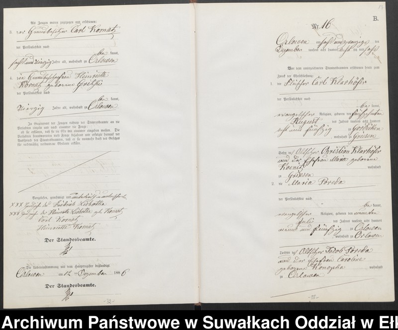 image.from.unit.number "Heiraths-Neben-Register des Preussischen Standes-Amtes Orlowen Kreis Loetzen für das Jahr 1886"