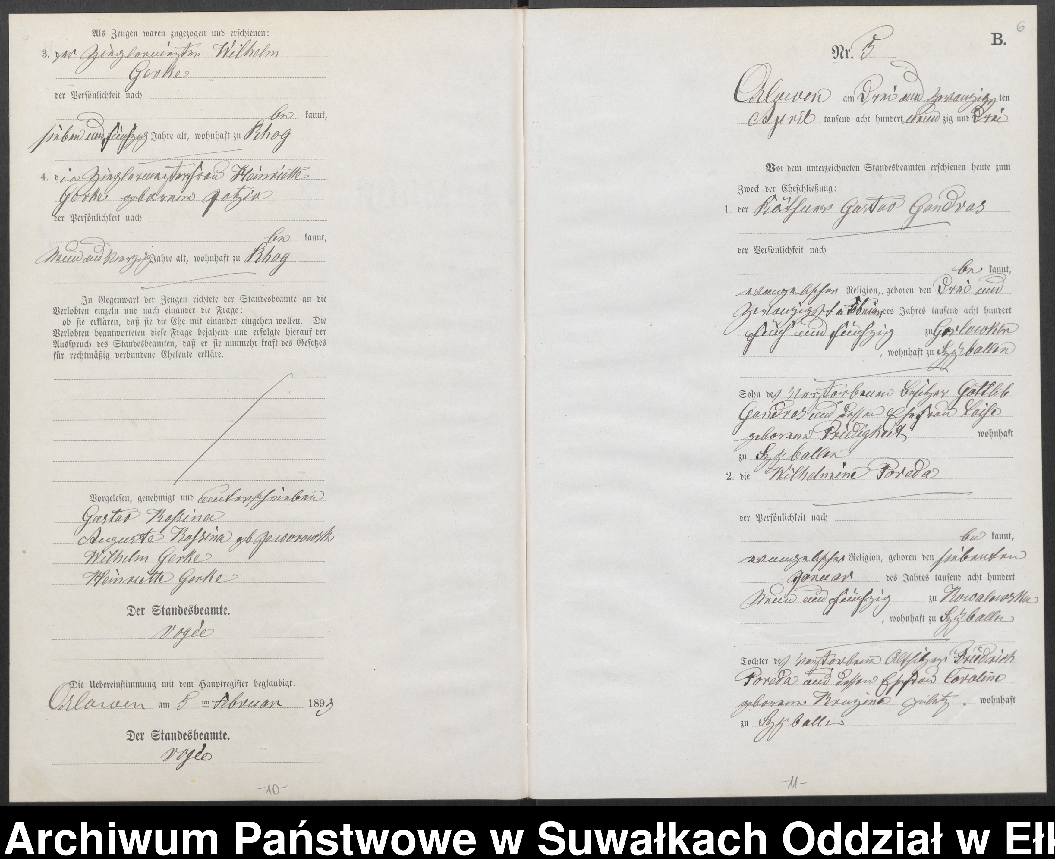 Skan z jednostki: Heiraths-Neben-Register des Preussischen Standes-Amtes Orlowen Kreis Loetzen für das Jahr 1893