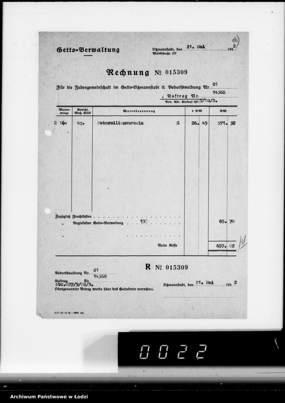 Obraz 20 z jednostki "Aufträge [Lieferscheinen und Rechnungen] 13800-13850.[i od 14351 do 14370]. [Dostawa artykułów pierwszej potrzeby do Getta]"