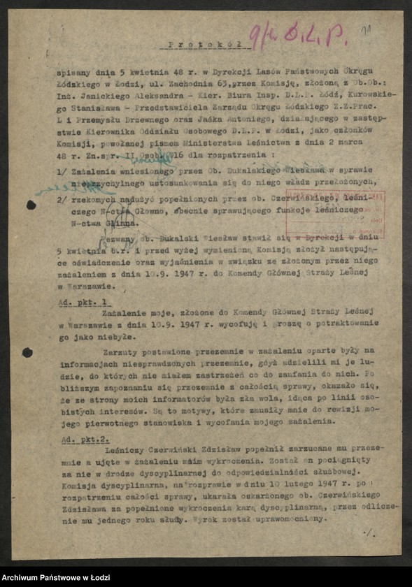 Obraz 12 z jednostki "[Protokoły, informacje, referat z posiedzeń sekcji leśnej, egzekutywy PPR, zjazdu aktywu leśnego przy Dyrekcji Lasów Państwowych, sekcji leśnych przy Wydziale Rolnym KW i komitetach powiatowych]"