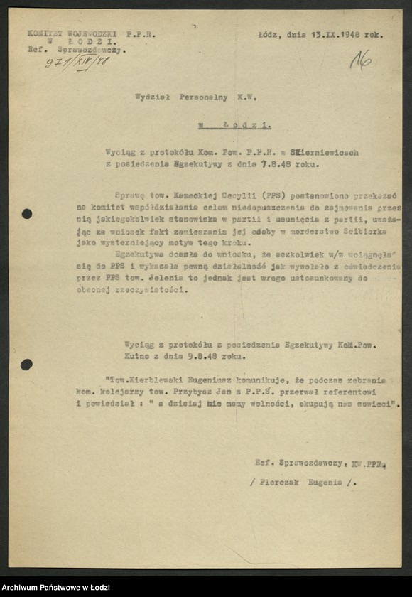 Obraz 17 z jednostki "[Wyciągi] Referatu Sprawozdawczego [dla wydziałów i Komisji Kontroli Partyjnej z protokołów zebrań i sprawozdań instruktorów]"