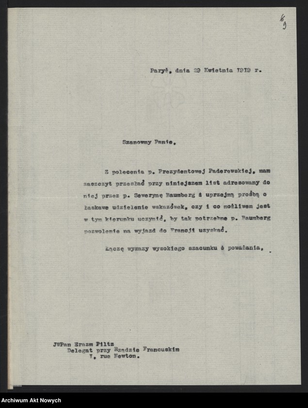 image.from.unit.number "Korespondencja w sprawie biletów na podróże za granicę, uzyskiwania miejsc w kurierze Paryż - Warszawa, paszportów i wiz"