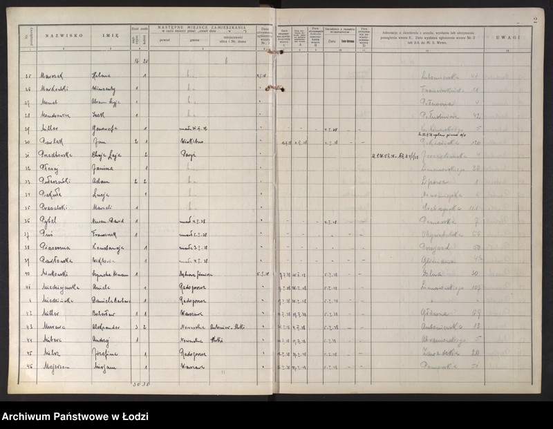 Obraz 6 z jednostki "Księga kontroli ruchu ludności (rejestr osób opuszczających gminę) Łódź, zespół V, lit. M, P"