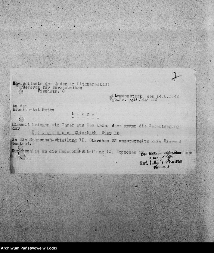 Obraz 10 z jednostki "[Korespondencja z Wydziałem Pracy i z PSŻ w sprawach personalnych i aprowizacyjnych Referatu Prac Biurowych]"