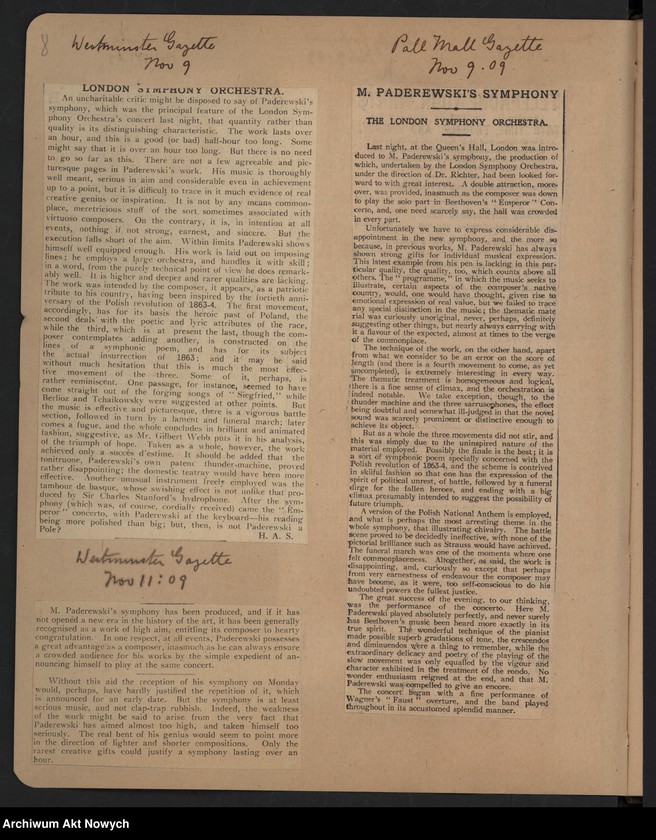 image.from.unit.number "Angleterre 1909. Wycinki prasowe dotyczące koncertów w Anglii i Szkocji"