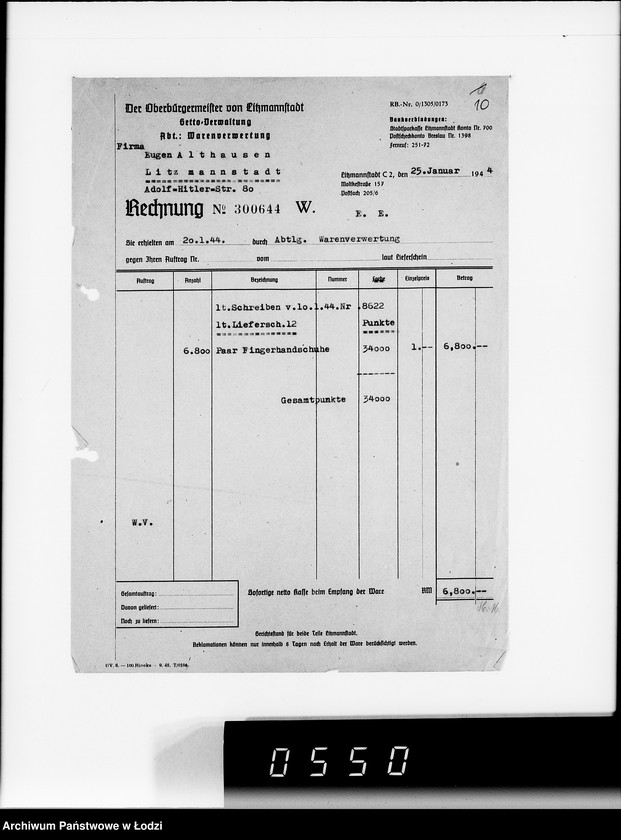 Obraz 14 z jednostki "Firma Eugen Althausen Litzmannstadt VIII [Zamówienia, rachunki, listy przesyłkowe]"