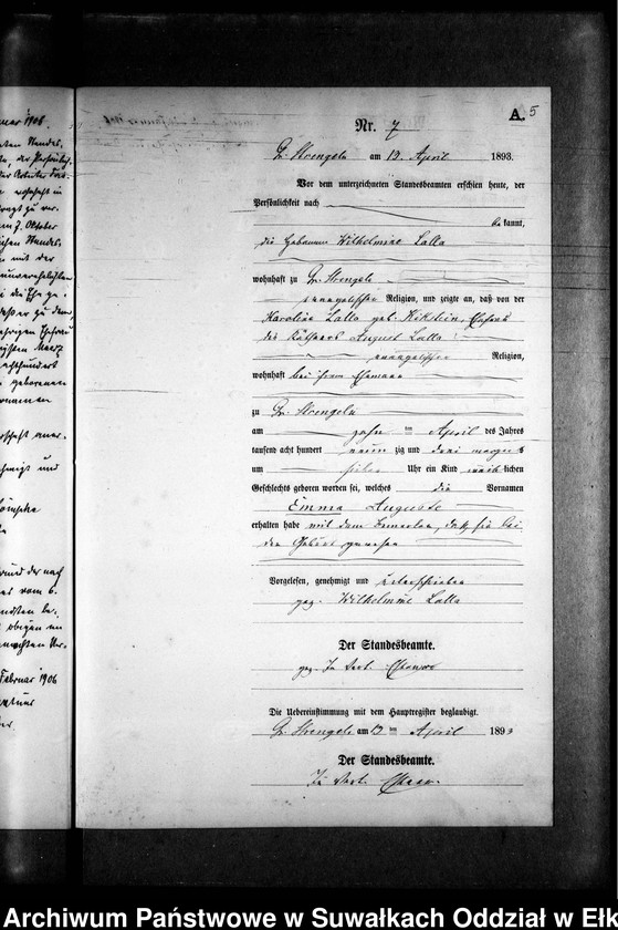 image.from.unit.number "Geburts-Neben-Register des Preussischen Standes-Amtes Gr. Strengeln Kreis Angerburg"