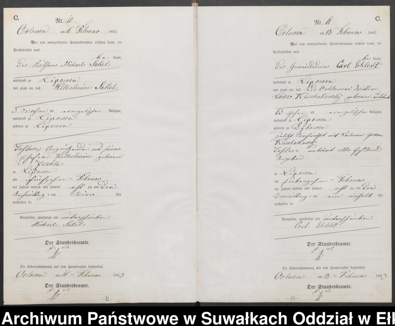 Obraz 10 z jednostki "Sterbe-Neben-Register des Preussischen Standes-Amtes Orlowen Kreis Loetzen für das Jahr 1883"