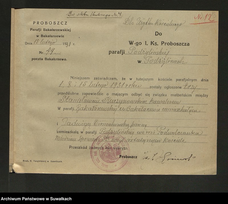 Obraz 15 z jednostki "Aneksy do aktów ślubnych parafji Podżyliny za 1931 rok"