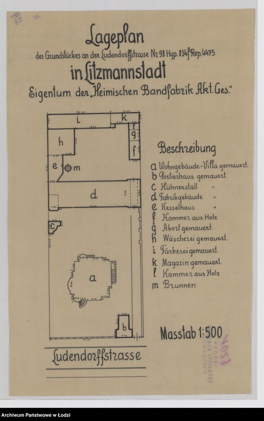 Obraz 1 z jednostki "Lageplan des Grundstückes an der Ludendorffstraße Nr 98 Hyp. 834, Rep. 4475 in Litzmannstadt"