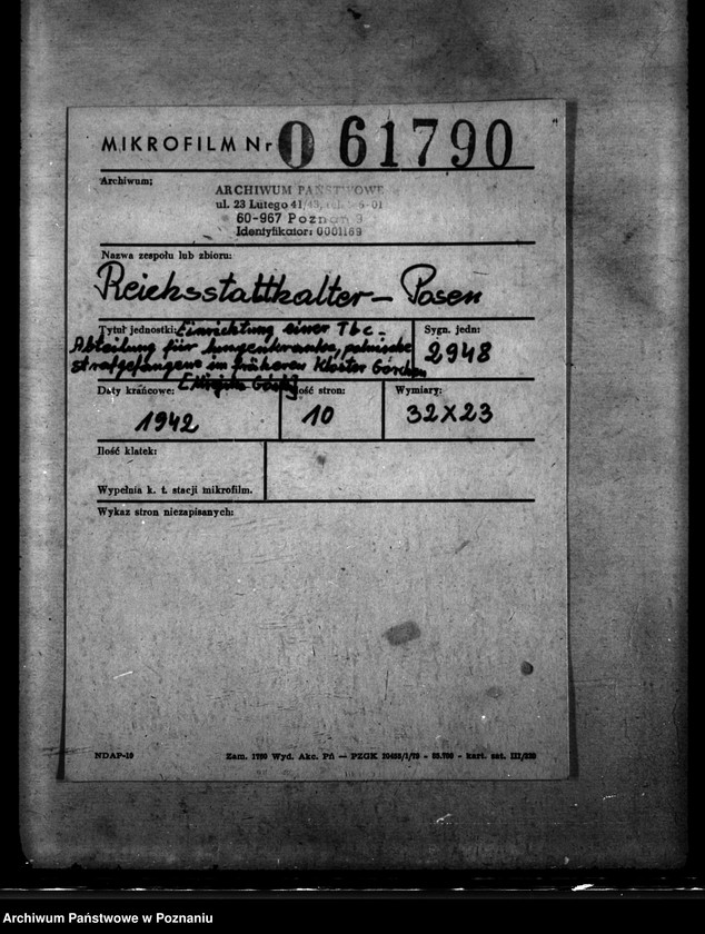 Obraz 2 z jednostki "Einrichtung einer Tbc - Abteilung für lungenkranke, polnische Strafgefangene im früheren Kloster Görchen (Miejska Górka)"